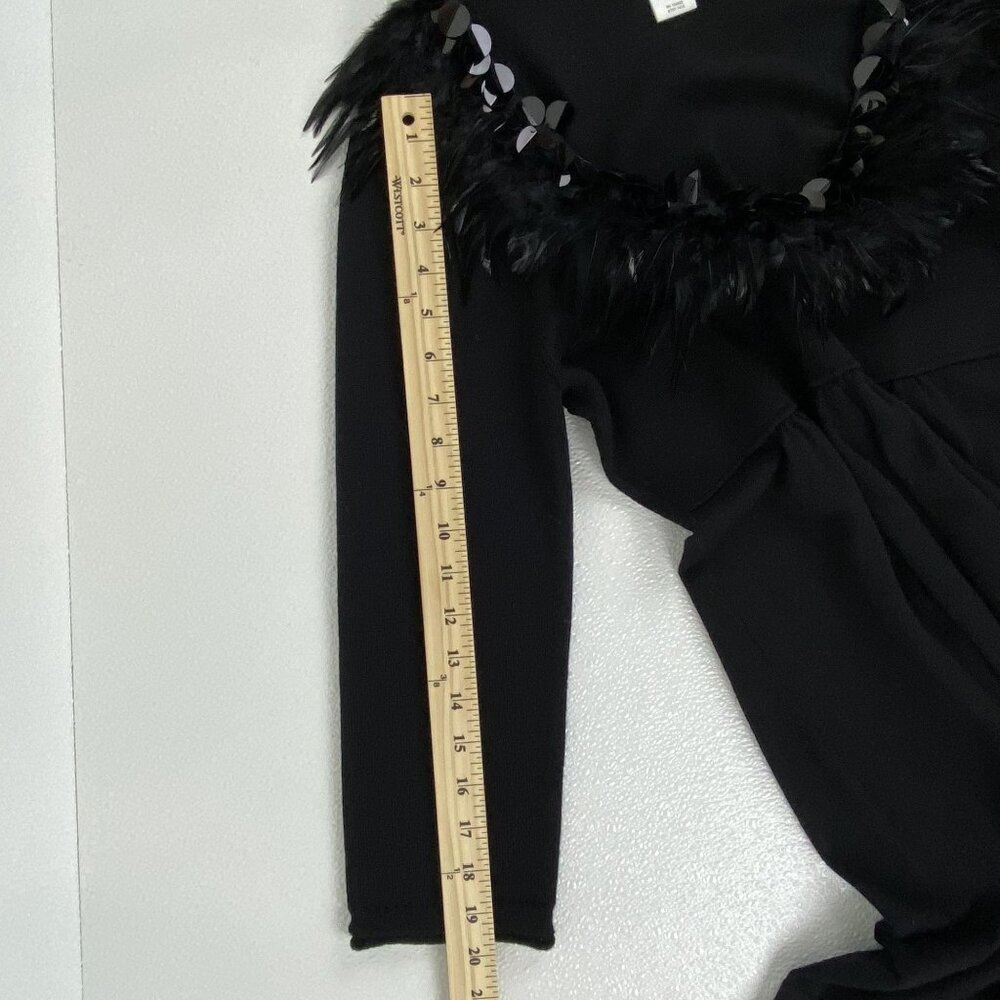 VTG Large Boho Fairy Babydoll Preppy Black Feather Embellished Merino Wool Dress - Picture 9 of 10